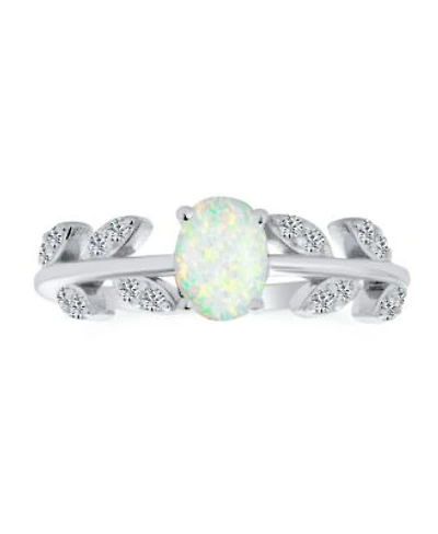 Bling Jewelry Dainty Oval White Created Opal Center Cubic Zirconia Open Leaves Leaf Cz Accent Ring .925 Sterling Silver