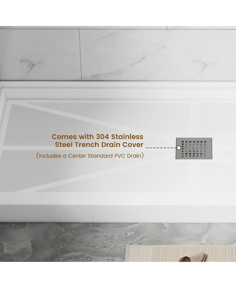 Casainc 60"W X 30"D Smc Single Threshold Shower Base Anti-Slip Shower Pan, Drain Assembly & Drain Cover Included