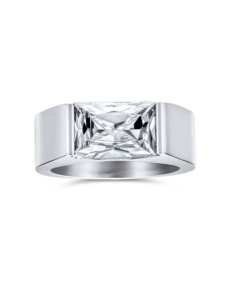 Bling Jewelry Simple Geometric 4CTW Rectangular Cubic Zirconia Emerald Cut Cz Statement Promise Ring Silver Tone Stainless Steel