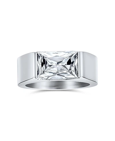Bling Jewelry Simple Geometric 4CTW Rectangular Cubic Zirconia Emerald Cut Cz Statement Promise Ring Silver Tone Stainless Steel
