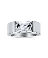 Bling Jewelry Simple Geometric 4CTW Rectangular Cubic Zirconia Emerald Cut Cz Statement Promise Ring Silver Tone Stainless Steel