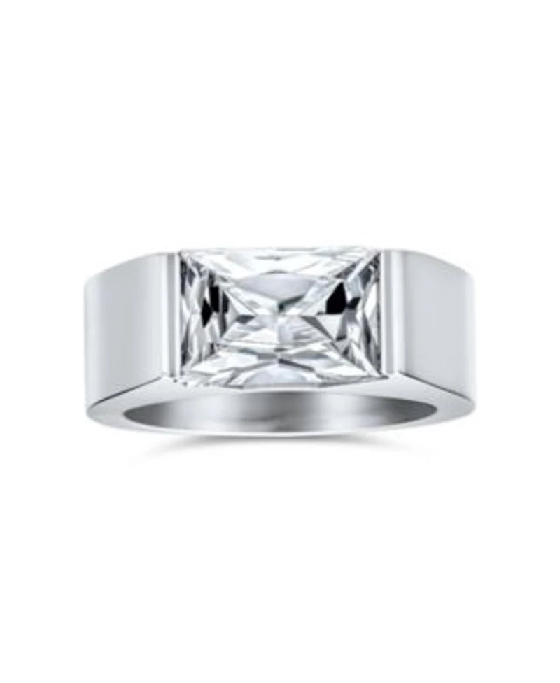 Bling Jewelry Simple Geometric 4ctw Rectangular Simulated Blue Sapphire Or Clear Cubic Zirconia Emerald Cut Cz Statement Promise Ring Silver Tone Stainless Steel