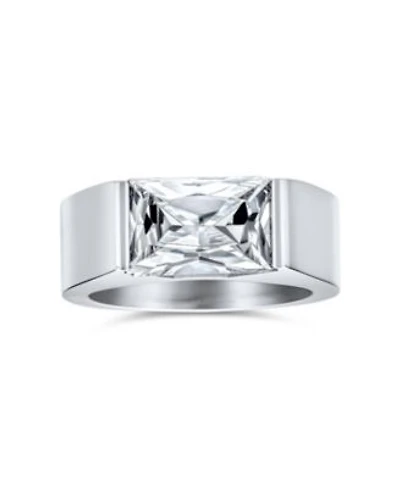 Bling Jewelry Simple Geometric 4ctw Rectangular Simulated Blue Sapphire Or Clear Cubic Zirconia Emerald Cut Cz Statement Promise Ring Silver Tone Stainless Steel