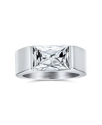 Bling Jewelry Simple Geometric 4ctw Rectangular Simulated Blue Sapphire Or Clear Cubic Zirconia Emerald Cut Cz Statement Promise Ring Silver Tone Stainless Steel