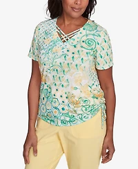 Alfred Dunner Women's Rise Shine Tropical Geometric Patchwork V-Neck T-Shirt