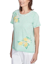 Alfred Dunner Women's Rise Shine Lemon Printed Striped Crew Neck T-Shirt