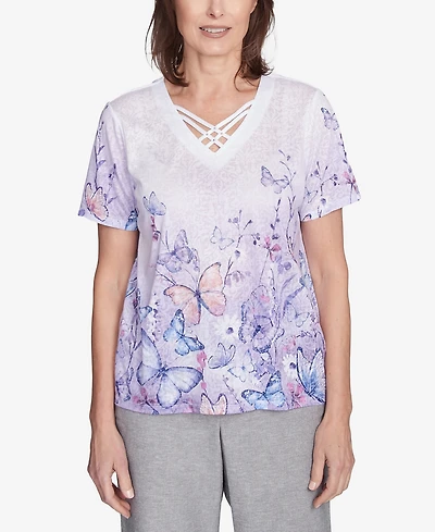 Alfred Dunner Women's Crystal Springs Crisscross Ombre Butterfly V-Neck T-Shirt