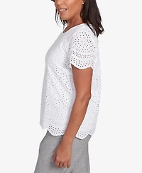 Alfred Women's Dunner Crystal Springs Eyelet Scalloped Hem Crew Neck T-Shirt
