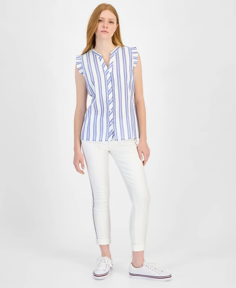 Tommy Hilfiger Women's Cotton Textured-Stripe Ruffled Shirt