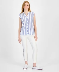 Tommy Hilfiger Women's Cotton Textured-Stripe Ruffled Shirt