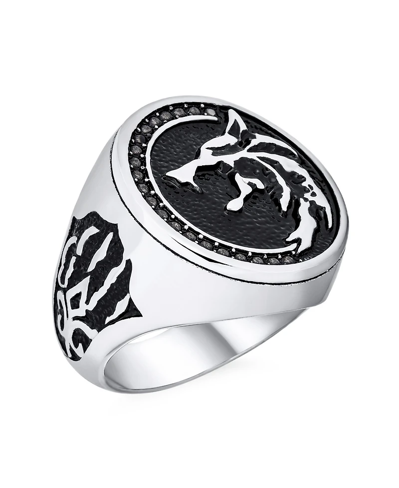 Bling Jewelry Signet Fierce Roaring Big Wolf Head Coin Ring Oxidized Stainless Steel