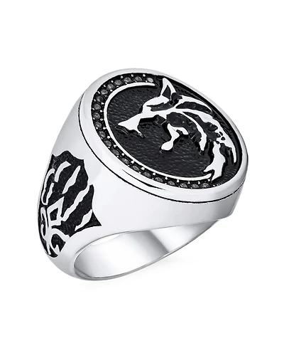 Bling Jewelry Signet Fierce Roaring Big Wolf Head Coin Ring Oxidized Stainless Steel