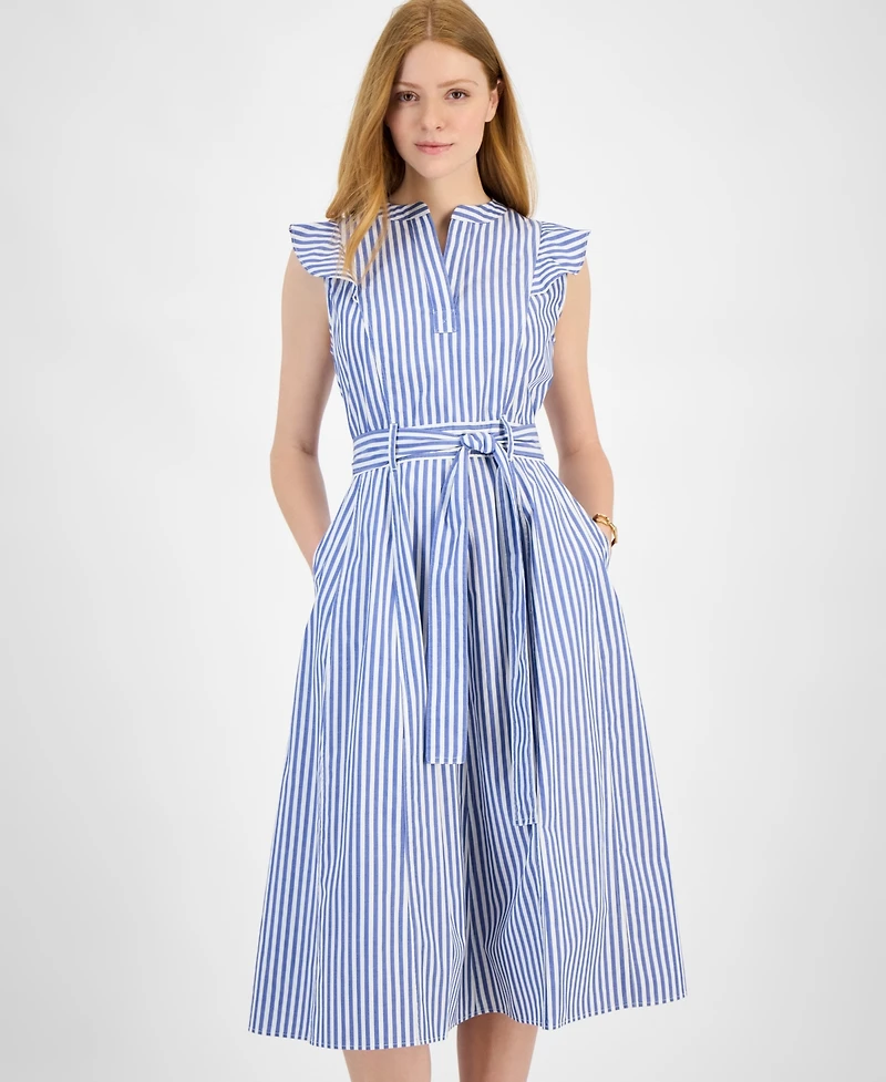 Tommy Hilfiger Women's Cotton Striped Ruffled Midi Dress