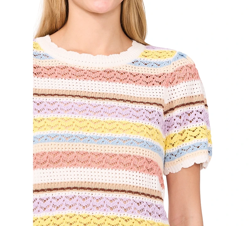 CeCe Women's Pointelle Stripe Short-Sleeve Cotton Sweater