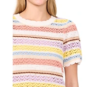 CeCe Women's Pointelle Stripe Short-Sleeve Cotton Sweater