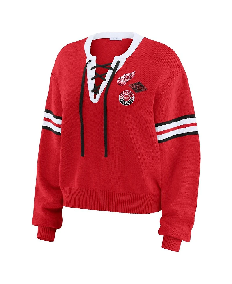 Wear by Erin Andrews Women's Red Detroit Wings Cropped Lace-Up Sweater