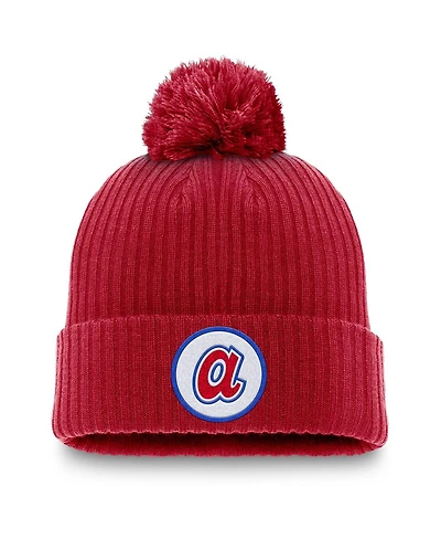 Nike Men's Red Atlanta Braves Cooperstown Collection Patch Cuffed with Pom Knit Hat