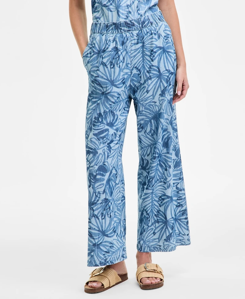 Nautica Jeans Women's Palm-Print Chambray Pull-On Pants
