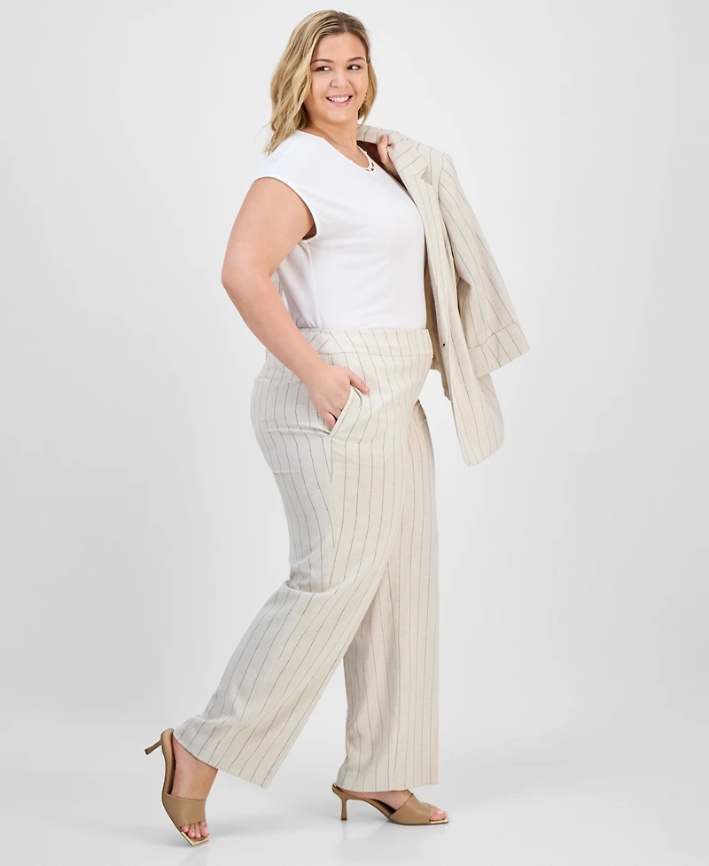 Kasper Plus Size Mid-Rise Striped Wide-Leg Pants