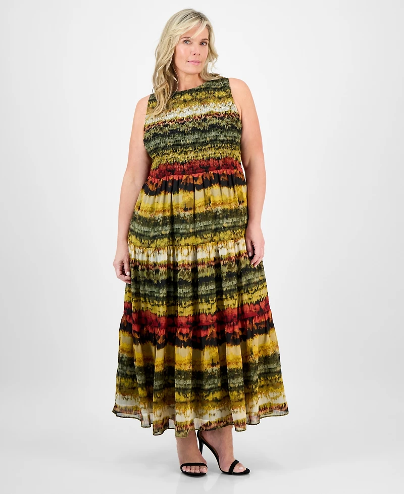 Anne Klein Plus Printed Smocked-Bodice Tiered Dress