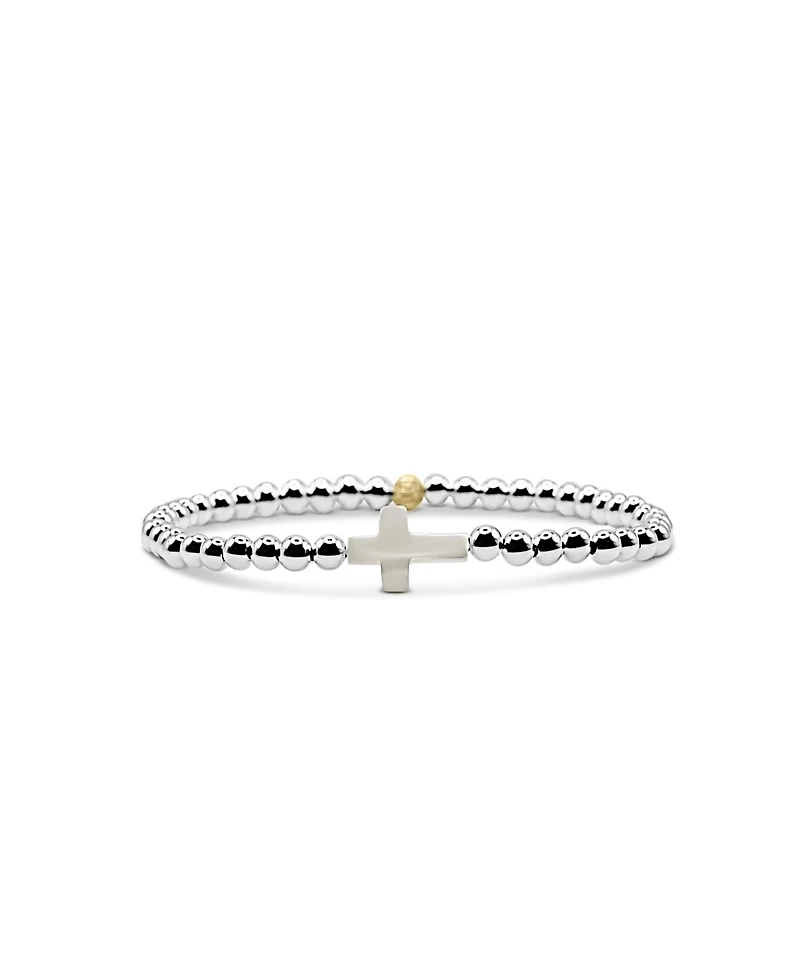 4mm Sterling Silver Ball and Single Mother of Pearl Cross Stretch Bracelet