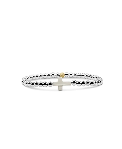 4mm Sterling Silver Ball and Single Mother of Pearl Cross Stretch Bracelet