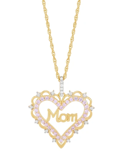 Lab Created Pink Sapphire (3/8 ct. t.w.) & Diamond (1/10 ct. t.w.) Mom Heart Pendant Necklace in 14k Yellow Gold-Plated Sterling Silver, 16" + 2" exte