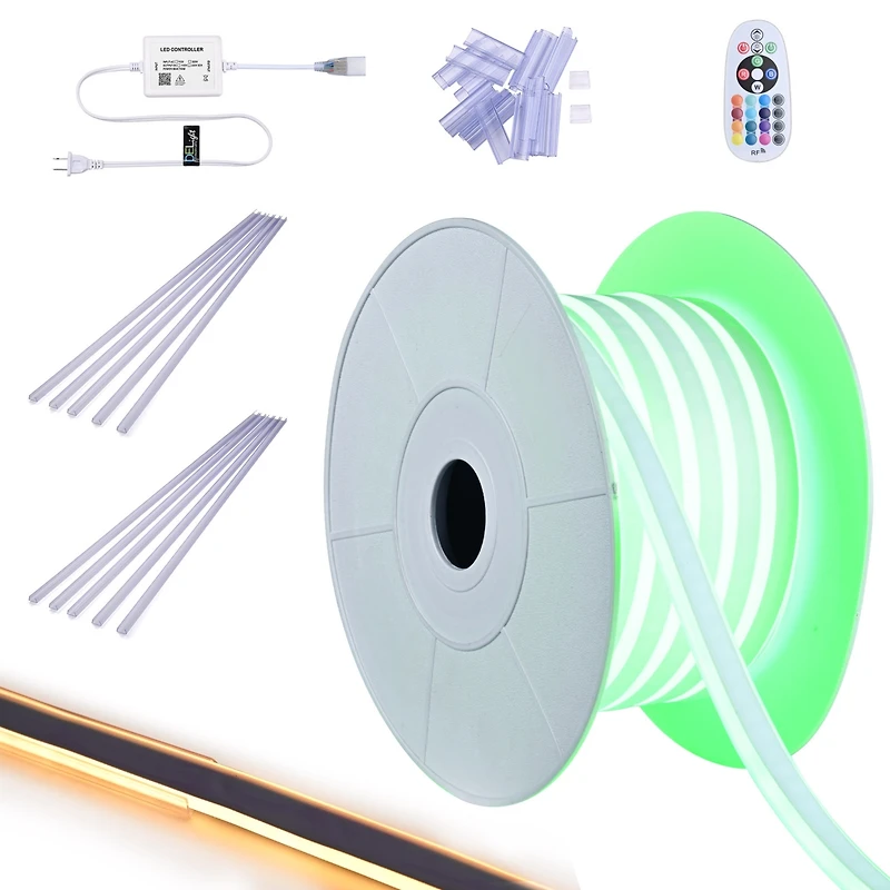 DELight 50FT Rgb Neon Rope Lights with 2" Plastic U Channel System 10PCS,App & Remote Control Ac 110V Waterproof Cuttable Del-D1M50R