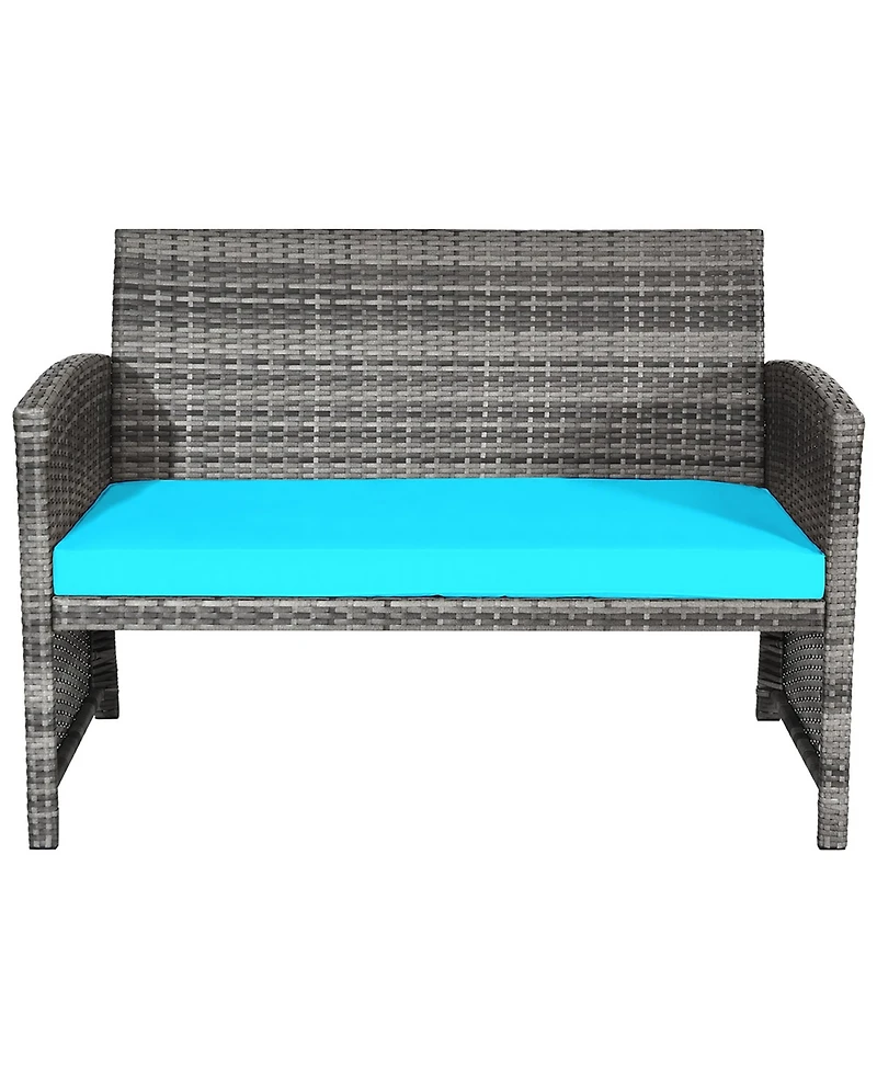 4PCS Patio Rattan Furniture Set Conversation Glass Table Top Cushioned