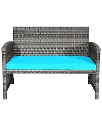 4PCS Patio Rattan Furniture Set Conversation Glass Table Top Cushioned