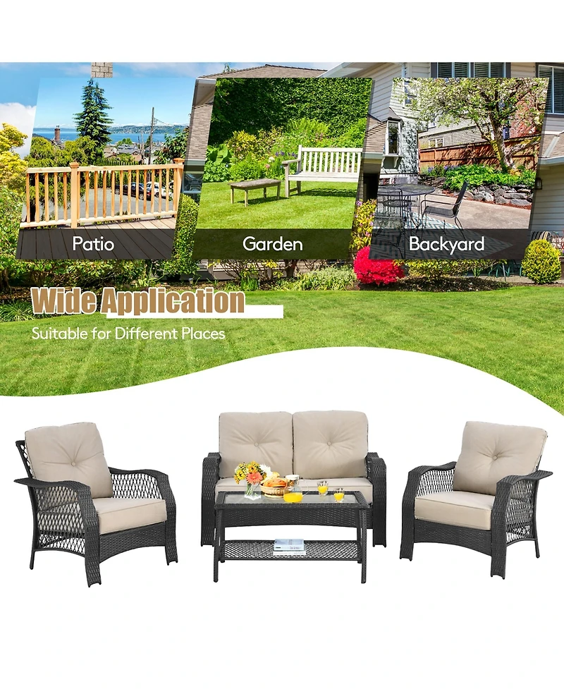 4PCS Patio Wicker Furniture Set Loveseat Sofa Coffee Table W/ Cushion