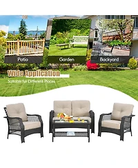 4PCS Patio Wicker Furniture Set Loveseat Sofa Coffee Table W/ Cushion