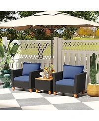 3PCS Outdoor Patio Rattan Furniture Set Wooden Table Cushioned Sofa