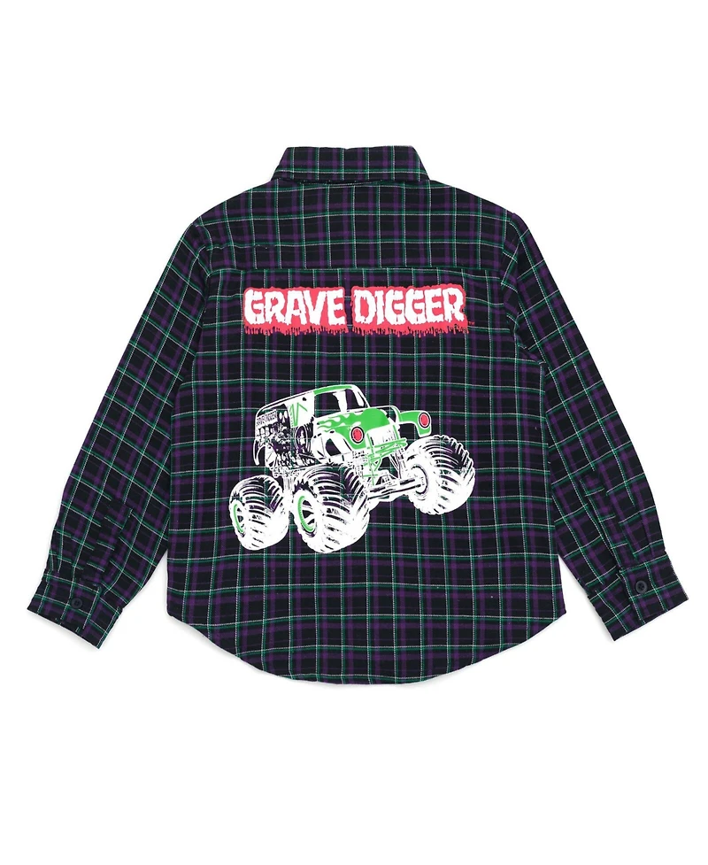 Monster Jam Boys Grave Digger Truck Flannel Matching Family Button Down Shirt