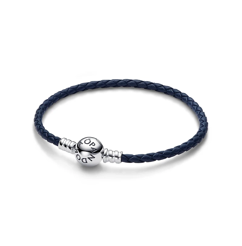 Pandora Moments Round Clasp Blue Braided Leather Bracelet