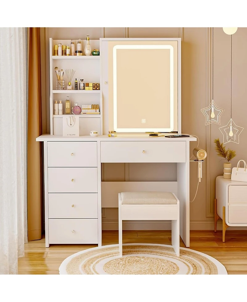Dyhome Vanity Desk with Sliding Mirror and Led Lights & Charging Station