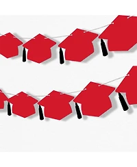 Red Graduation Cap Garland Banner, 10 Feet of Cord, 15 Hats with Tassels