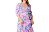 Kiyonna Plus Flirty Flounce Midi Wrap Dress with 3/4 Sleeves