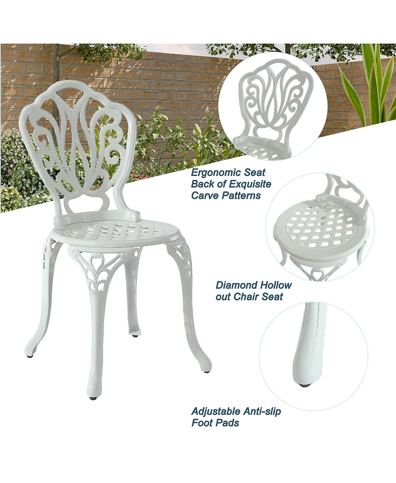 3-Piece Cast Aluminium Patio Bistro Set Outdoor Dining Table and Chairs Patio Bistro Table with Umbrella Hole Patio Bistro Chairs, White