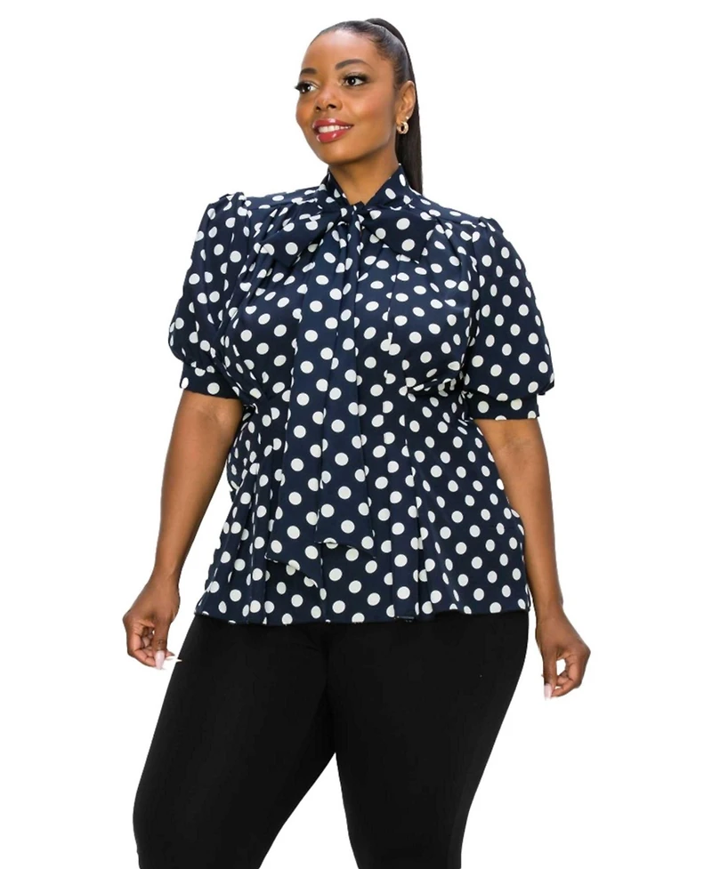 L I V D Plus Size Minnie Polka Dot Tie Neck Blouse