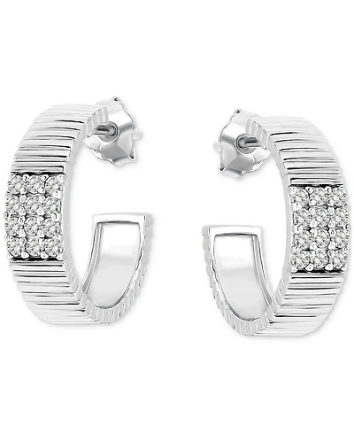 Giani Bernini Pave Ribbed Small C-Hoop Earrings Sterling Silver, 0.62" (also 18k Gold-Plated Silver), Exclusively at Macy's