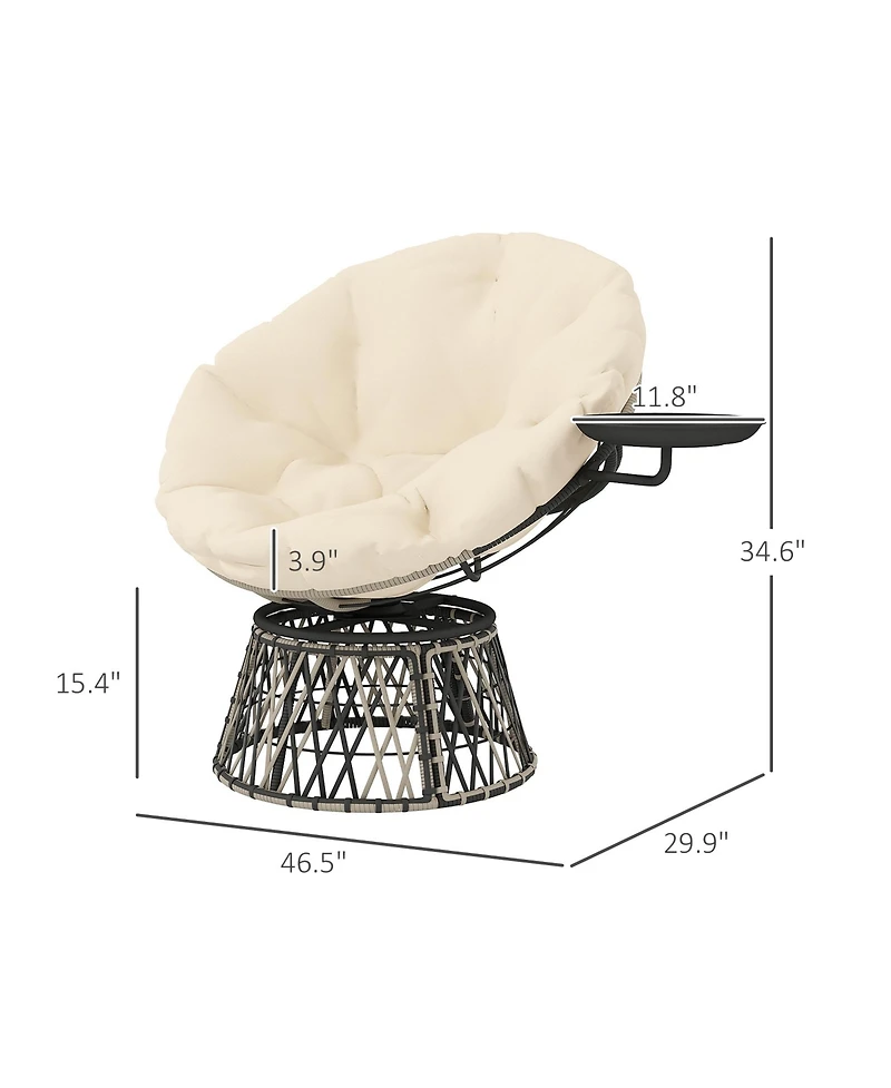 Outsunny Outdoor Swivel Chair with Side Tray, Overstuffed Papasan Chair