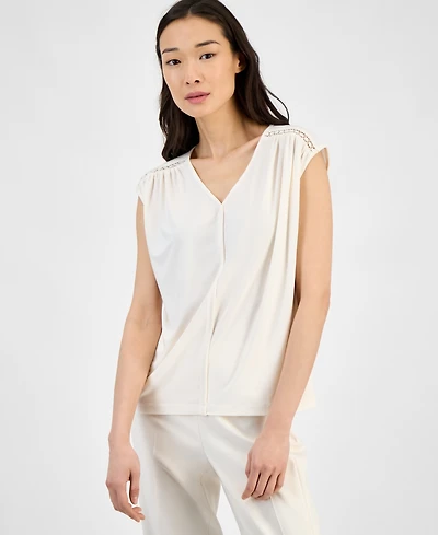 Anne Klein Women's Lace-Inset Extended-Shoulder V-Neck Top