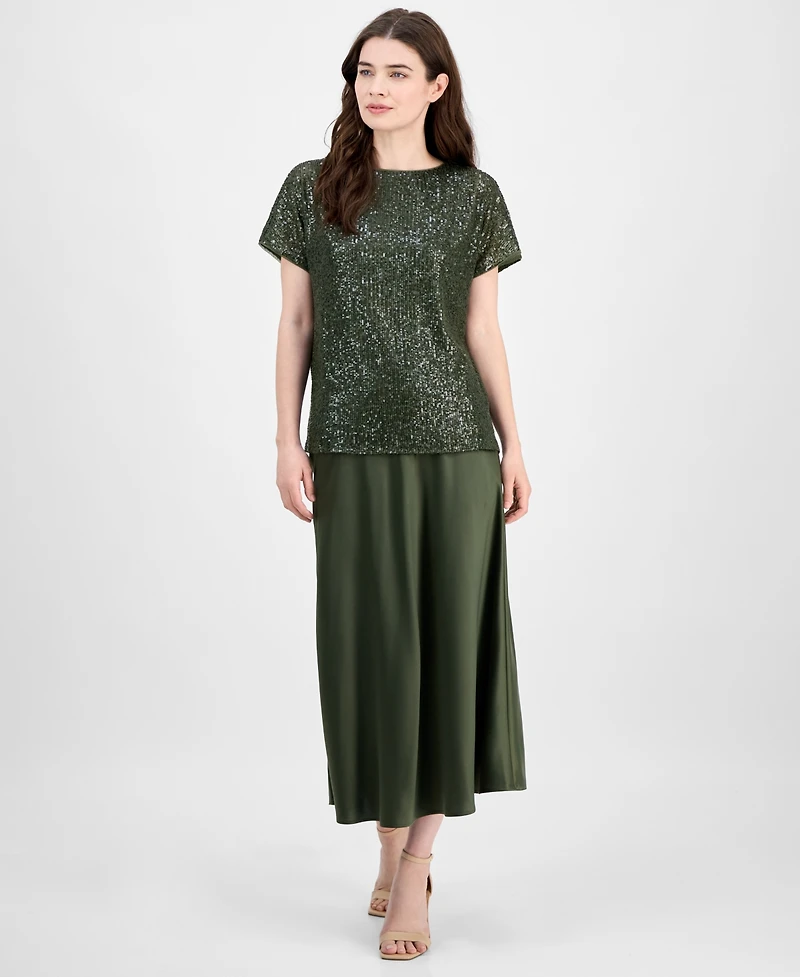 Anne Klein Women's Sequinned-Mesh Boat-Neck Top