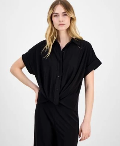 Anne Klein Womens Solid Twist Front Button Down Textured Crepe Knit Top P Xxs Xxl