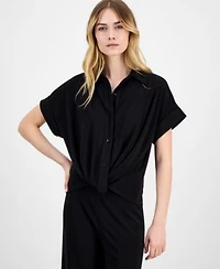 Anne Klein Womens Solid Twist Front Button Down Textured Crepe Knit Top P Xxs Xxl