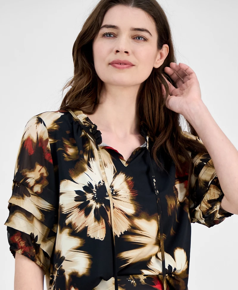 Anne Klein Women's Pleated-Sleeve Floral-Print Split-Neck Top