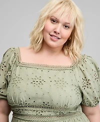 And Now This Trendy Plus Eyelet Embroidered Cotton Puff-Sleeve Maxi Dress, Exclusively at Macy's