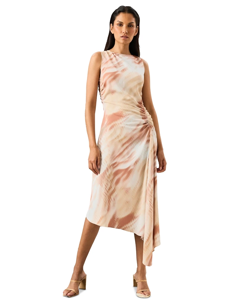 Luxely Women's Printed Ruched Asymmetrical Midi Dress