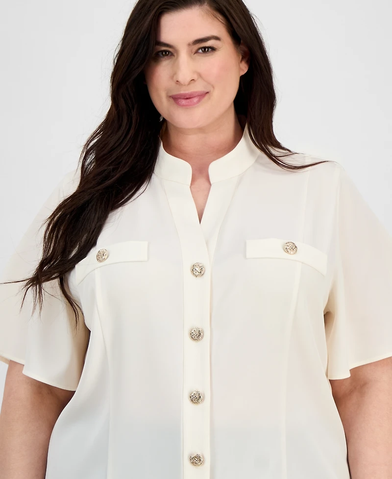 Anne Klein Plus Split-Neck Flutter-Sleeve Button-Front Blouse